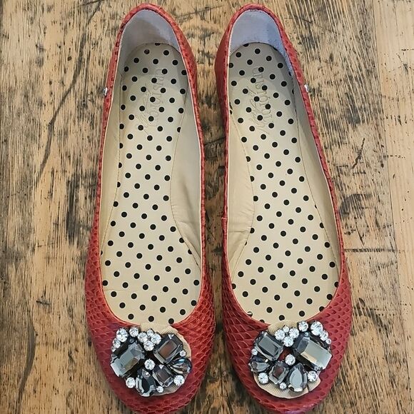 CRISTÓFOLI Red Snakeskin-Embossed Leather Ballet Flat Size 9 Rhinestone Toe - Picture 2 of 9